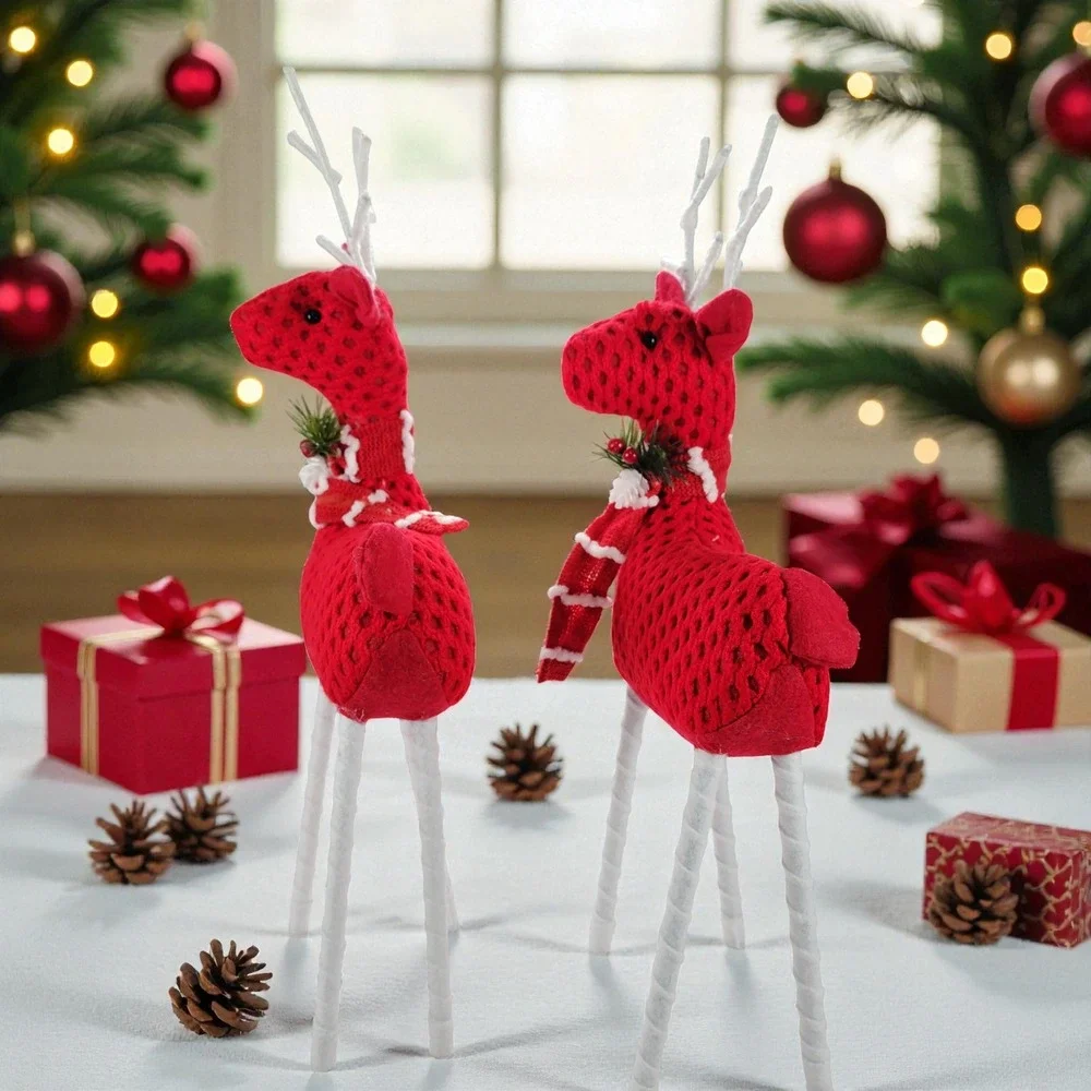 Christmas Holiday Santa's Reindeer, Red Crochet/Scarf, 17 H x 7 L, Set of 2